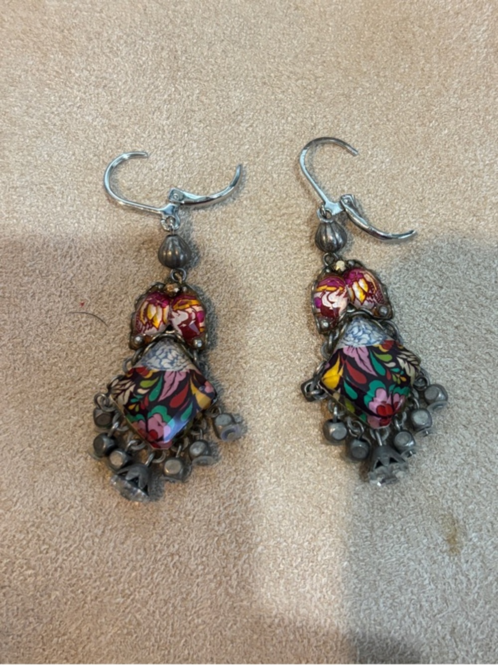 Colorful Floral Drop Earrings - Silver Tone